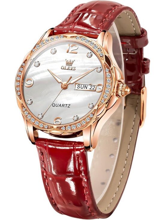 Women\'s Red-Leather Rose Gold Ceramic Two Tone Ladies Casual Watch Day Date Gift